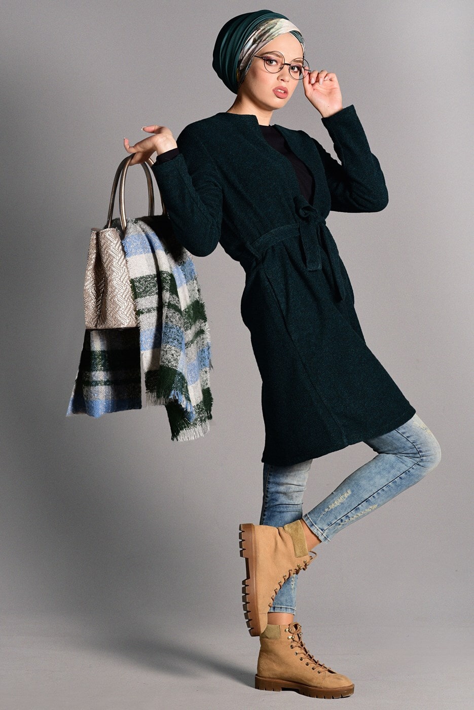 Tesettür giyim MAVİ KUŞAKLI KEÇE CEKET 2419 