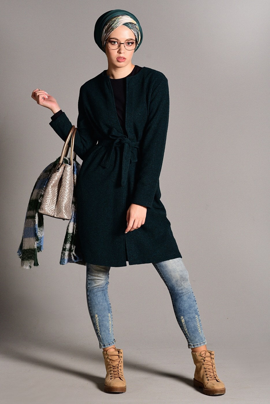 Tesettür giyim MAVİ KUŞAKLI KEÇE CEKET 2419 