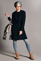 Tesettür giyim MAVİ KUŞAKLI KEÇE CEKET 2419 