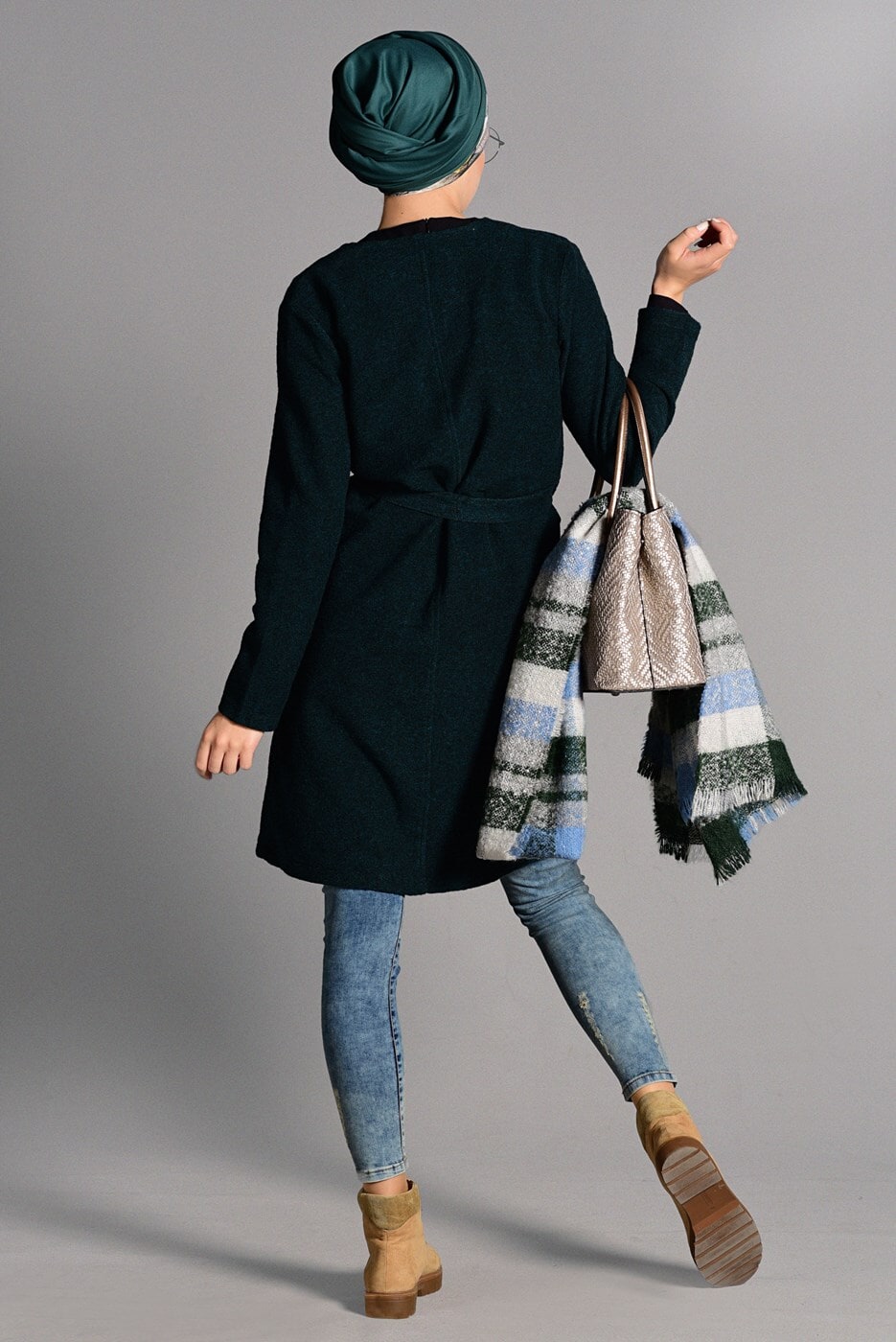 Tesettür giyim MAVİ KUŞAKLI KEÇE CEKET 2419 