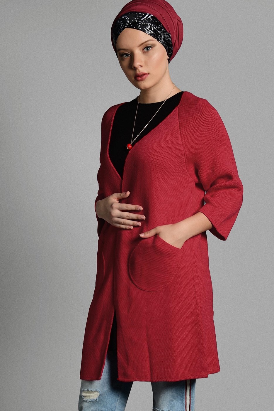 Tesettür giyim KIRMIZI CEPLİ TRİKO HIRKA 2719 