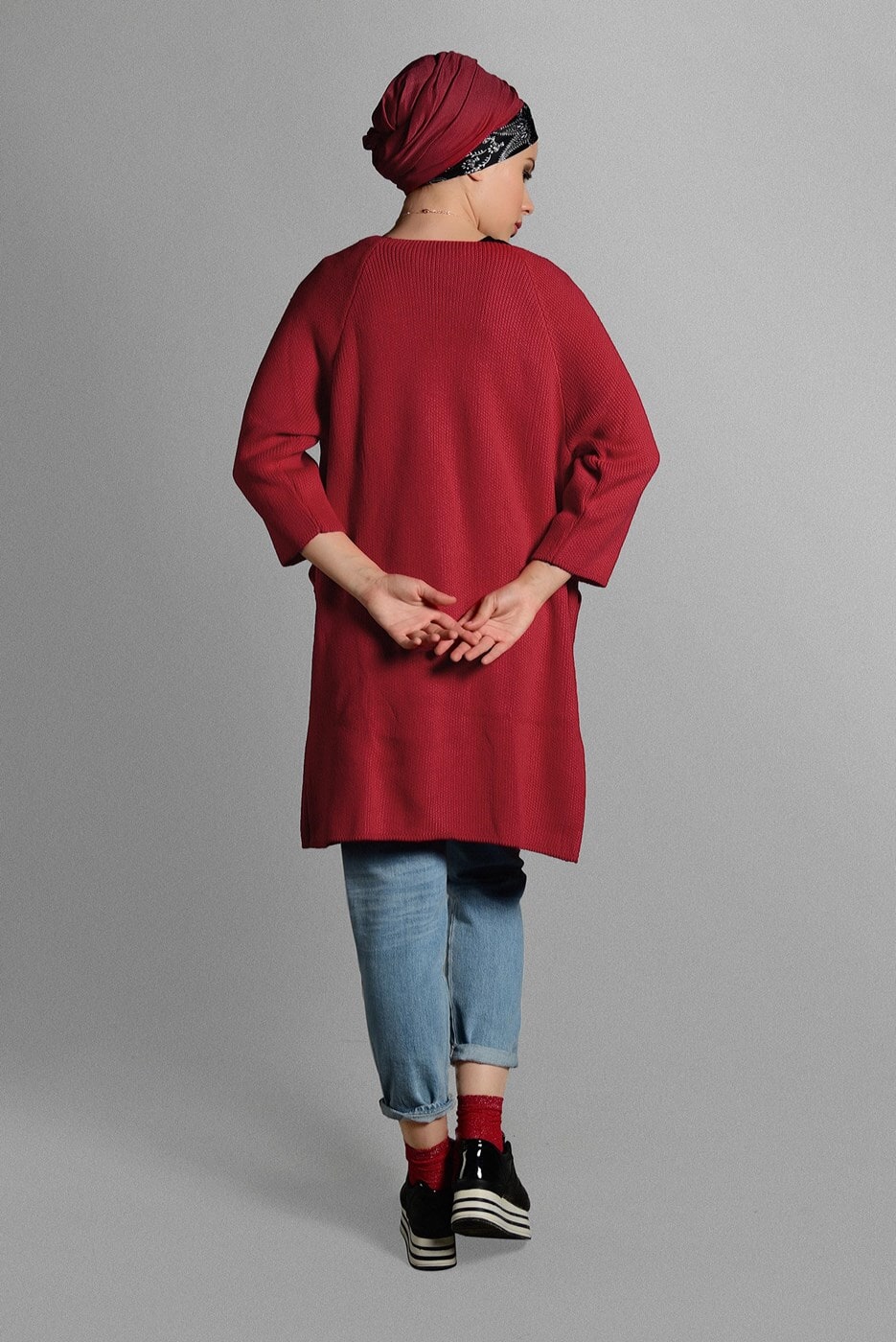 Tesettür giyim KIRMIZI CEPLİ TRİKO HIRKA 2719 