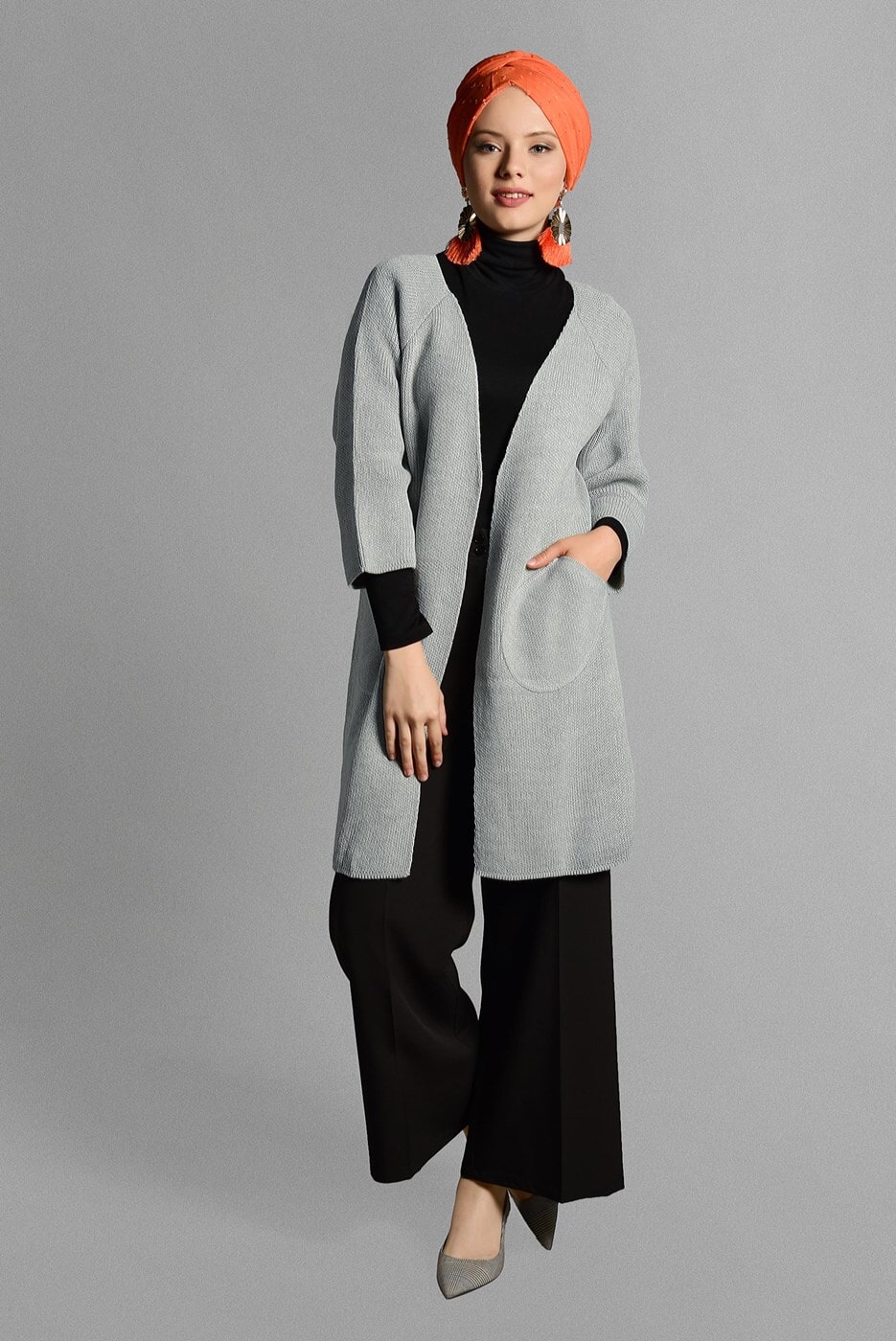 Tesettür giyim GRİ CEPLİ TRİKO HIRKA 2719 