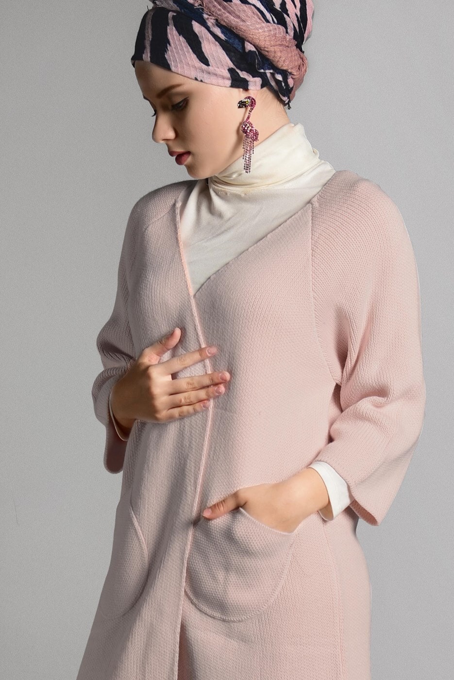 Tesettür giyim PUDRA CEPLİ TRİKO HIRKA 2719 