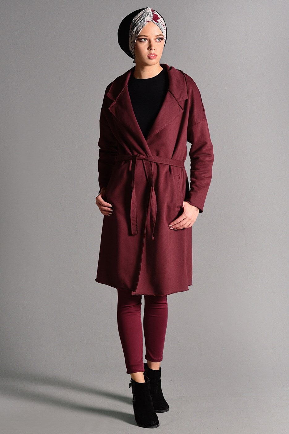 Vêtements hijab ROUGE BORDEAUX GILET MAILLE AVEC CEINTURE 3319