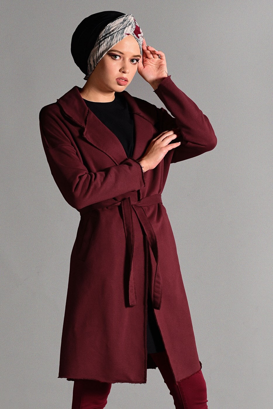 Vêtements hijab ROUGE BORDEAUX GILET MAILLE AVEC CEINTURE 3319