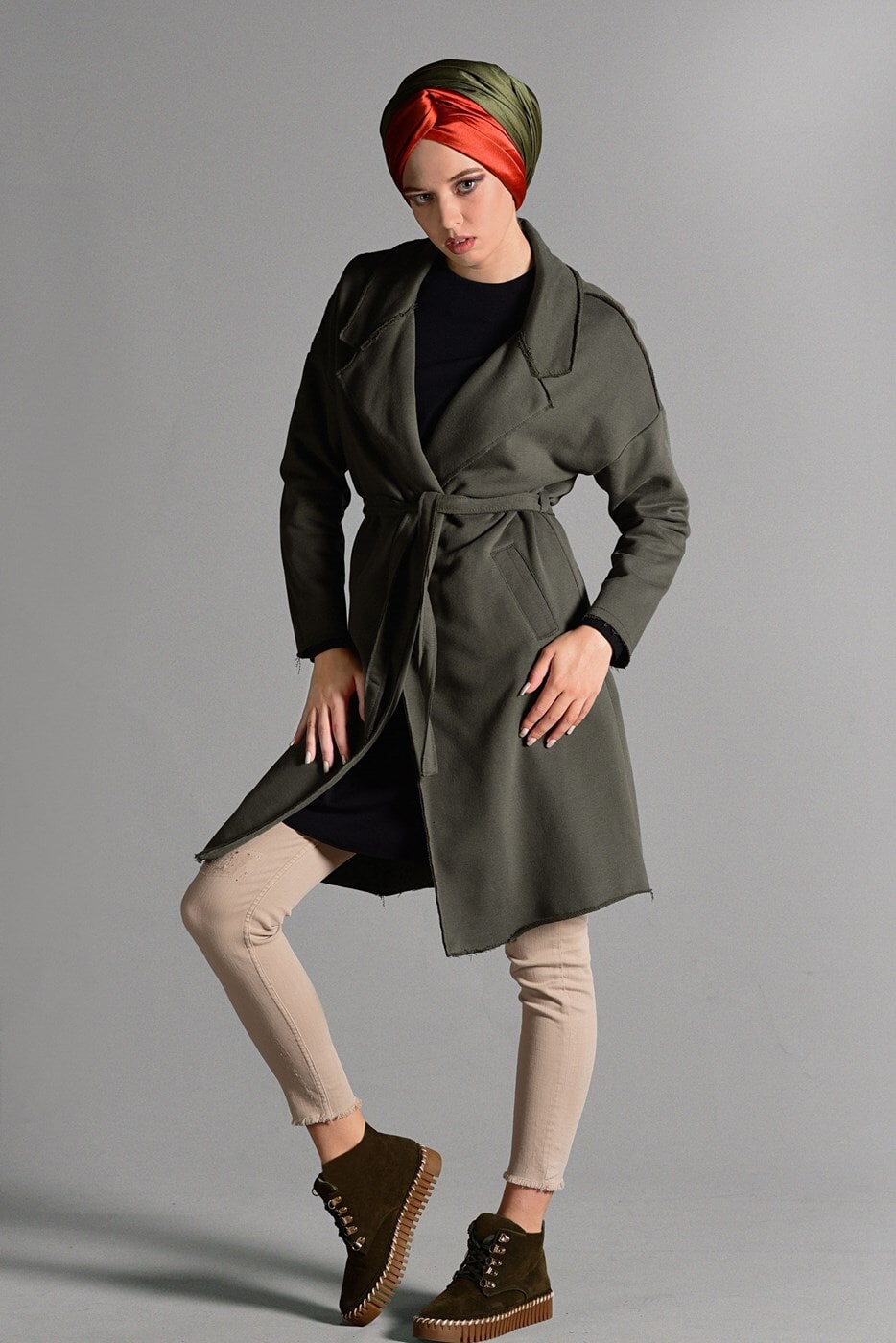 Vêtements hijab KAKI GILET MAILLE AVEC CEINTURE 3319