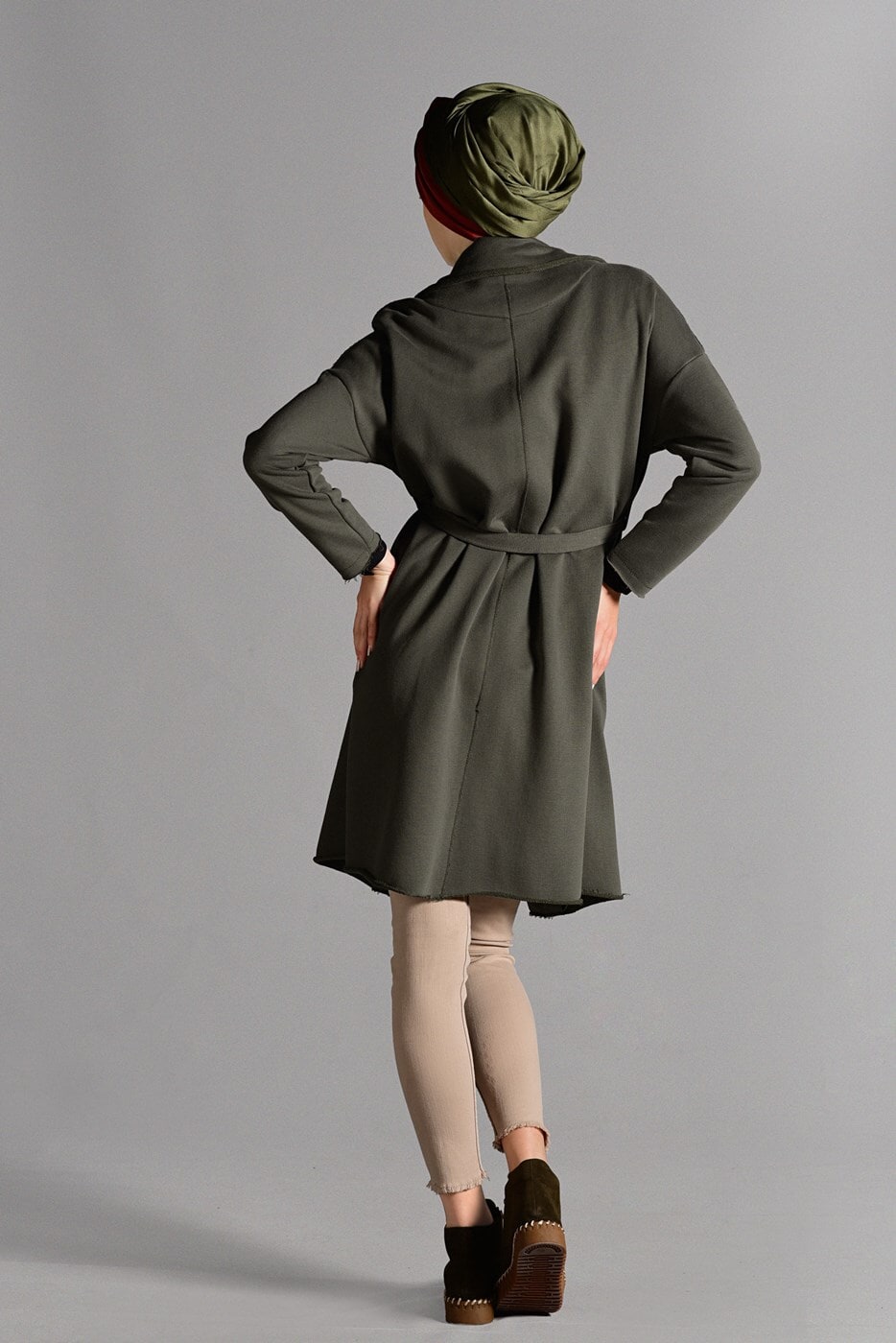 Vêtements hijab KAKI GILET MAILLE AVEC CEINTURE 3319