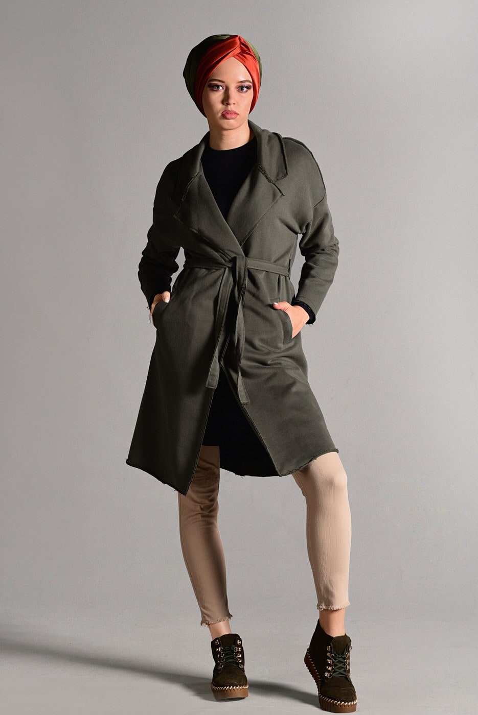 Vêtements hijab KAKI GILET MAILLE AVEC CEINTURE 3319