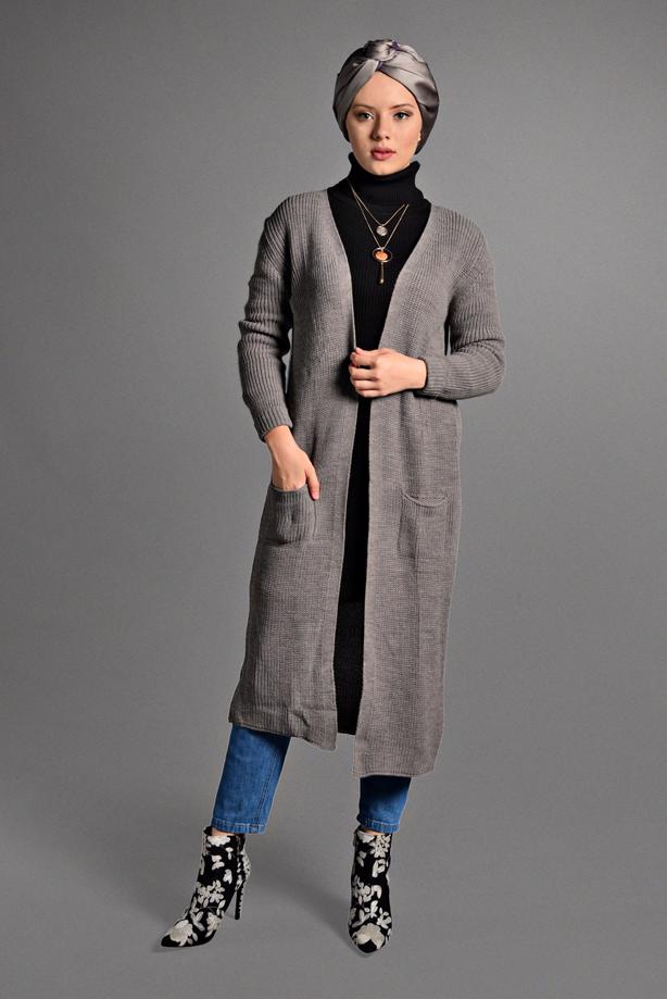 Tesettür giyim  CEPLİ TRİKO HIRKA 3719 - TRENDTESETTÜR