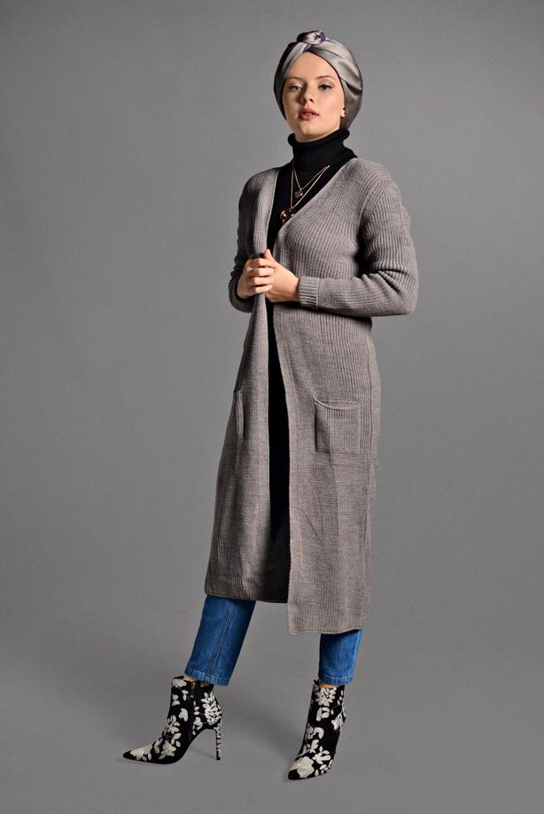 Tesettür giyim  CEPLİ TRİKO HIRKA 3719 - TRENDTESETTÜR