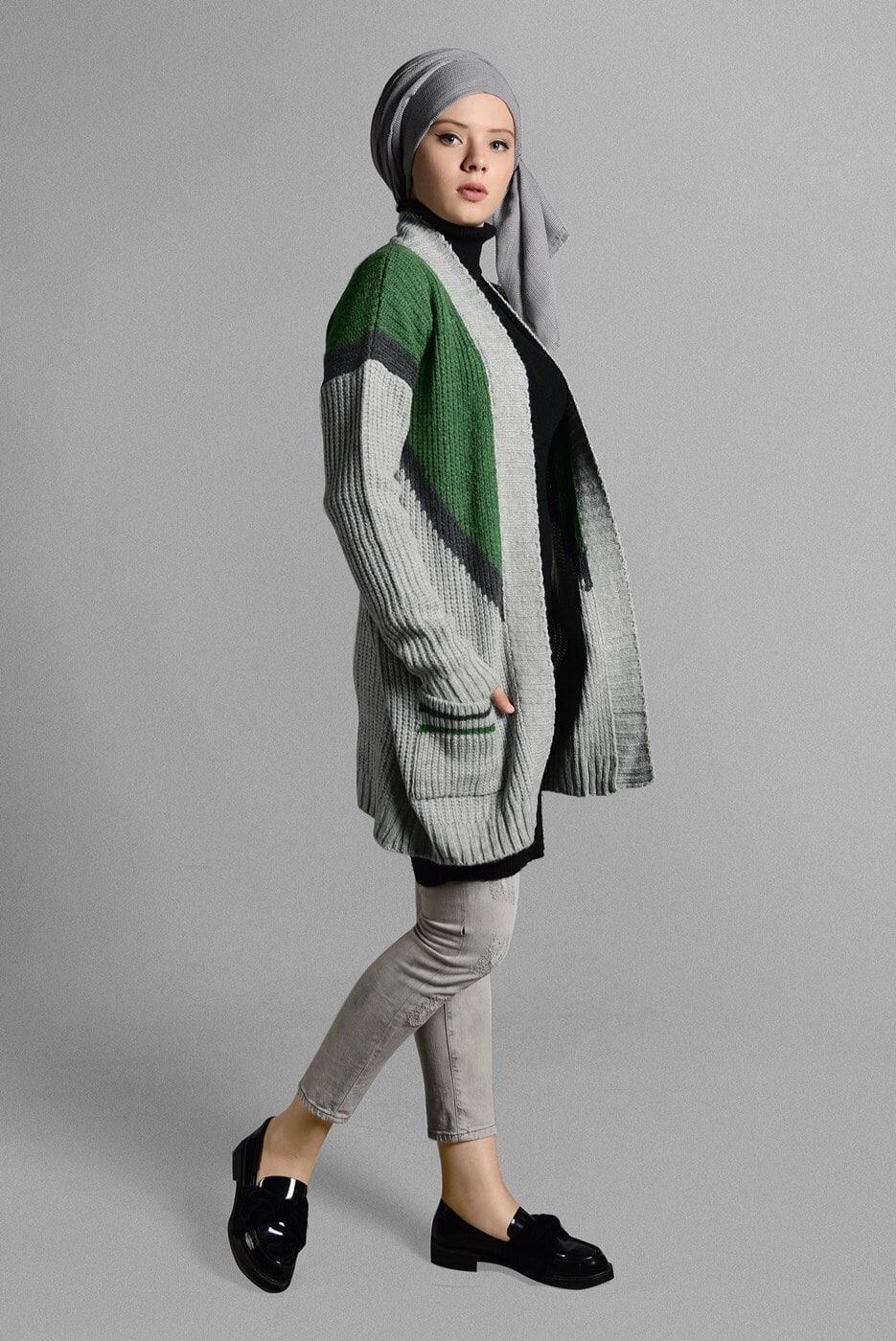 Tesettür giyim YEŞİL CEPLİ TRİKO HIRKA 4719 