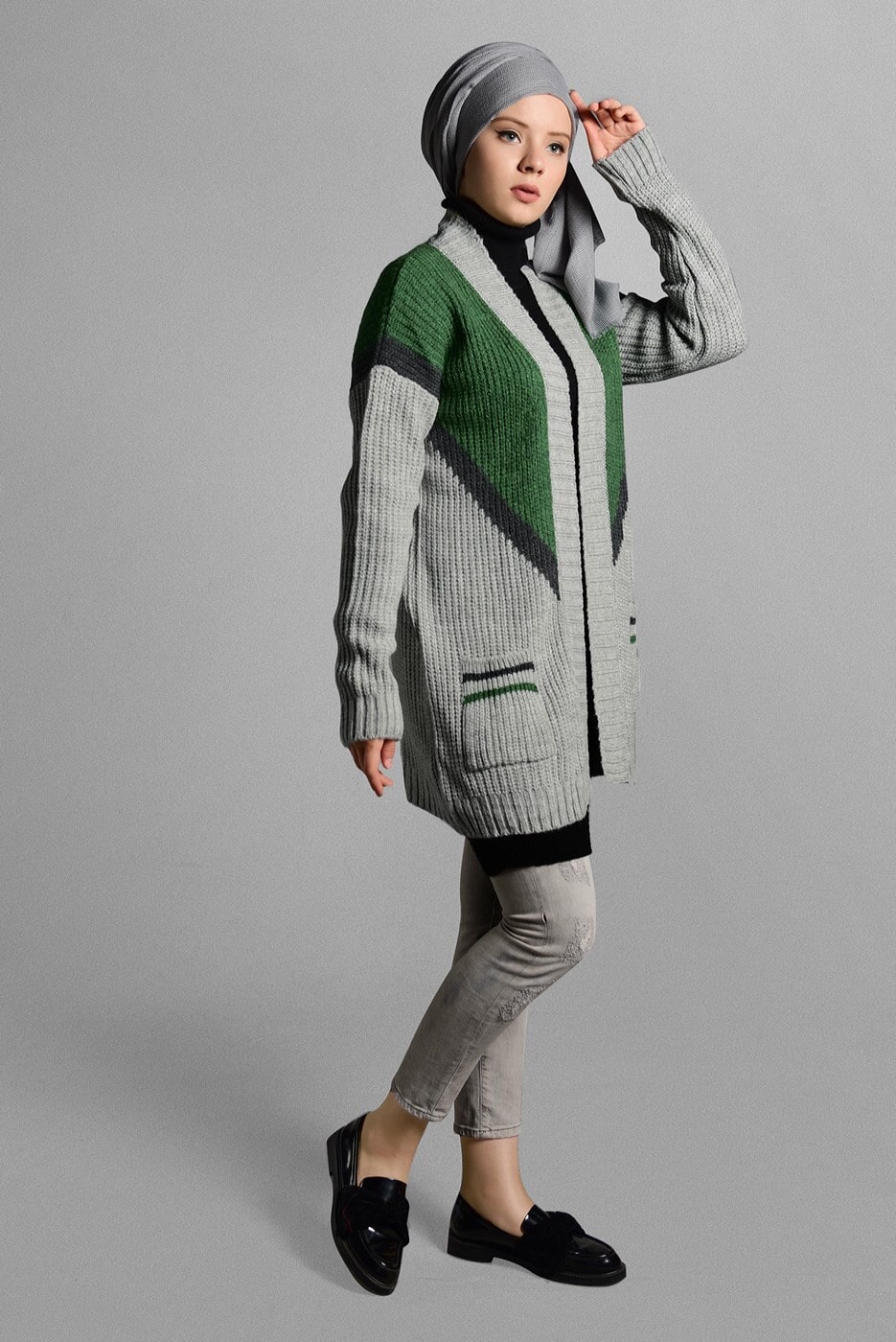 Tesettür giyim YEŞİL CEPLİ TRİKO HIRKA 4719 