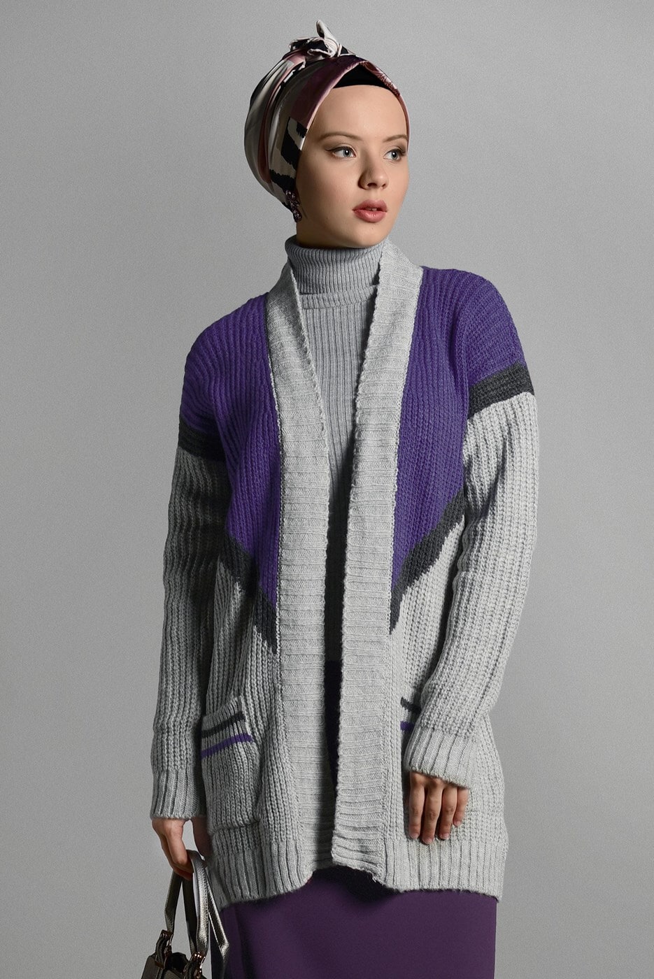 Tesettür giyim MOR CEPLİ TRİKO HIRKA 4719 