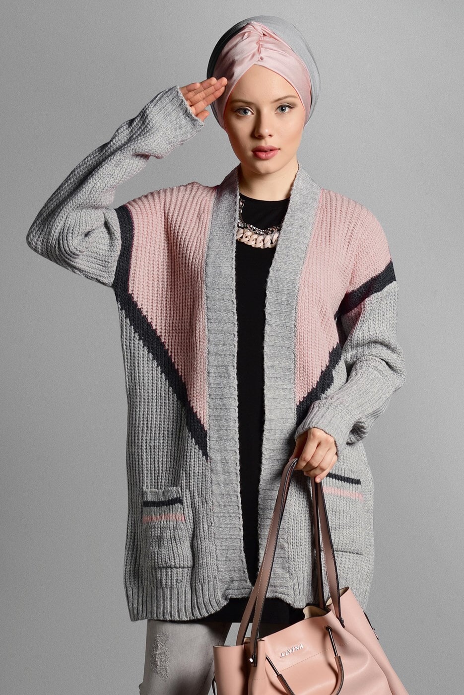 Tesettür giyim PUDRA CEPLİ TRİKO HIRKA 4719 