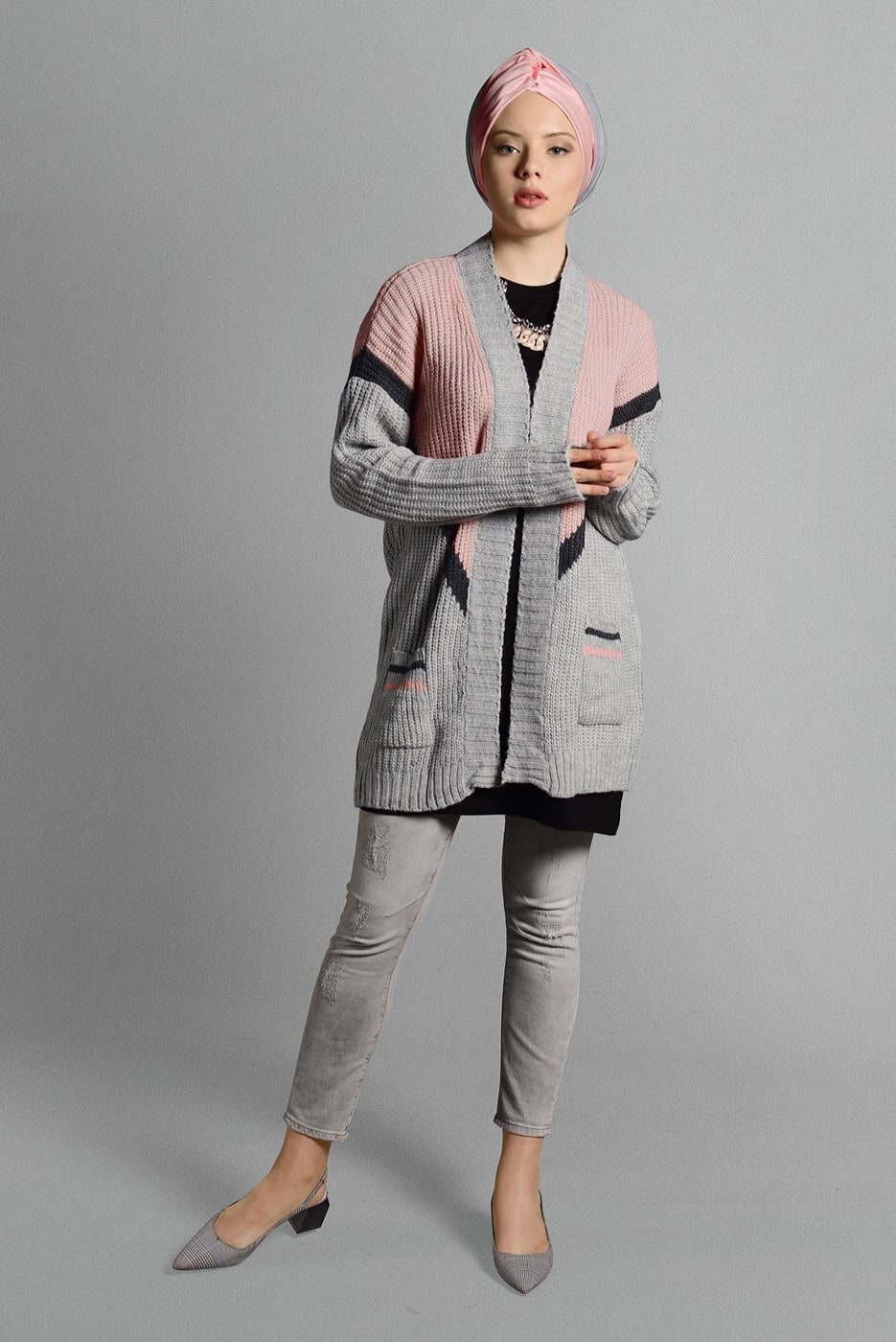 Tesettür giyim PUDRA CEPLİ TRİKO HIRKA 4719 