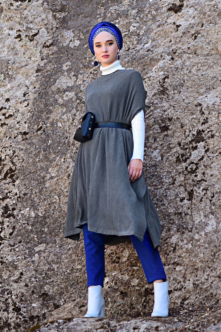 Vêtements hijab GRIS PONCHO EN TRICOT À MANCHES DOLMAN 5007