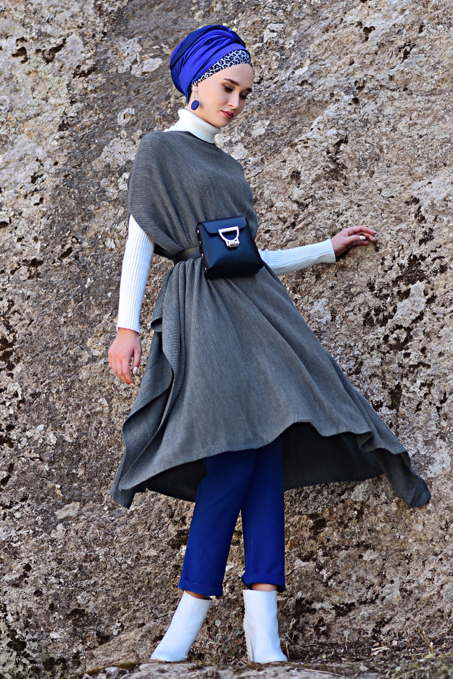 Vêtements hijab GRIS PONCHO EN TRICOT À MANCHES DOLMAN 5007