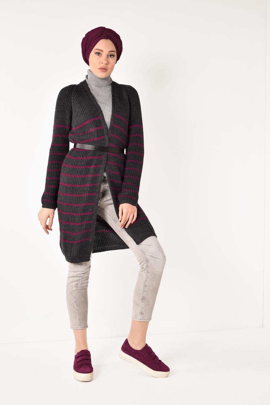 Hijab clothing GREY STRIPPED KNIT CARDIGAN 5819 