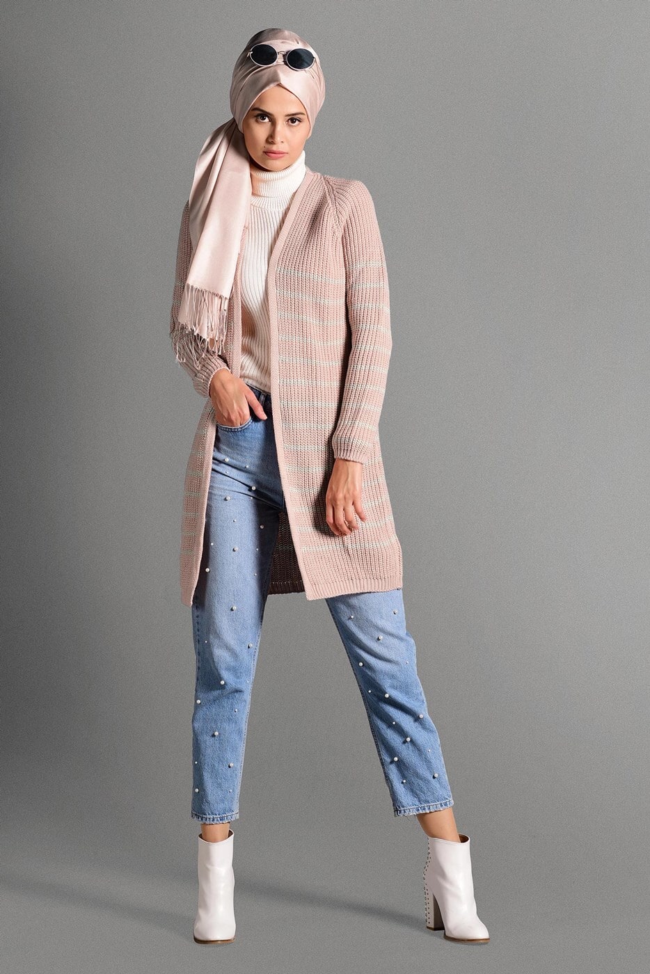 Hijab clothing POWDER STRIPPED KNIT CARDIGAN 5819 