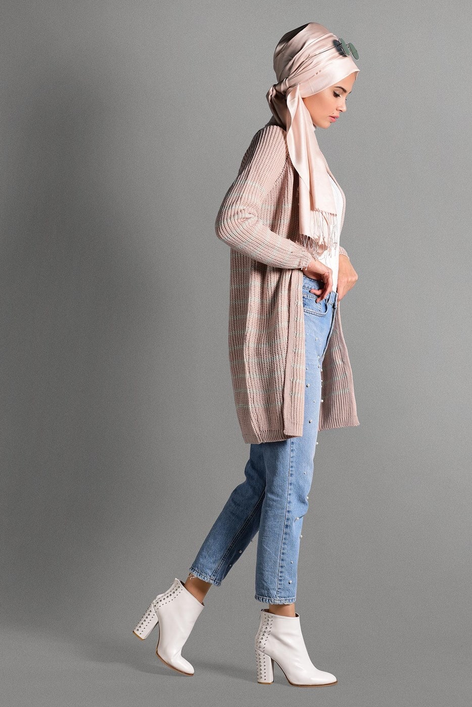 Hijab clothing POWDER STRIPPED KNIT CARDIGAN 5819 