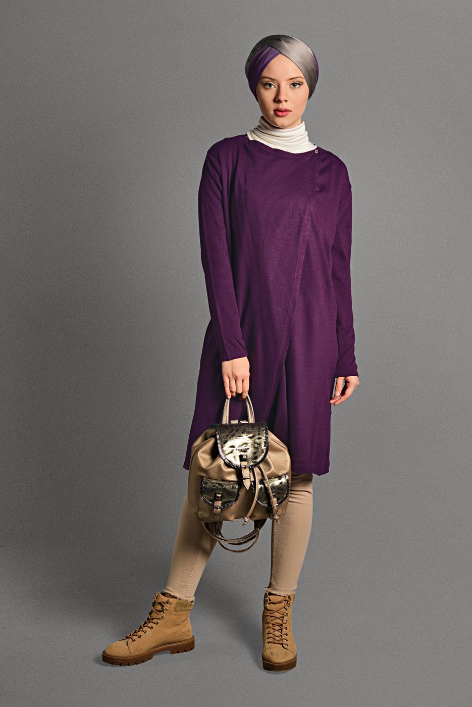 Tesettür giyim MOR ÇITÇIT DETAYLI TRİKO HIRKA 6519 