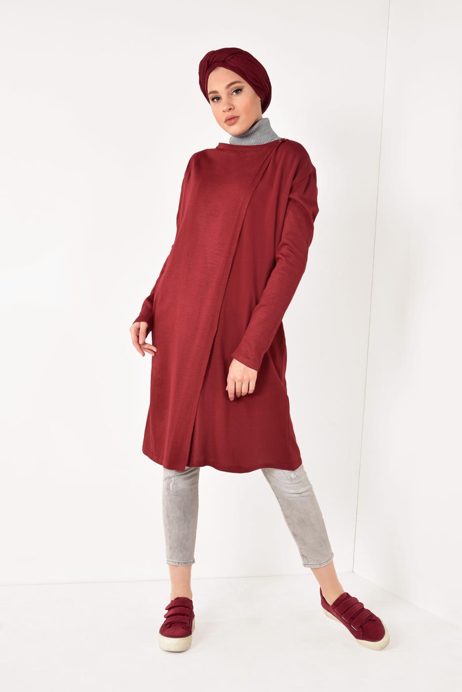 Tesettür giyim BORDO ÇITÇIT DETAYLI TRİKO HIRKA 6519 