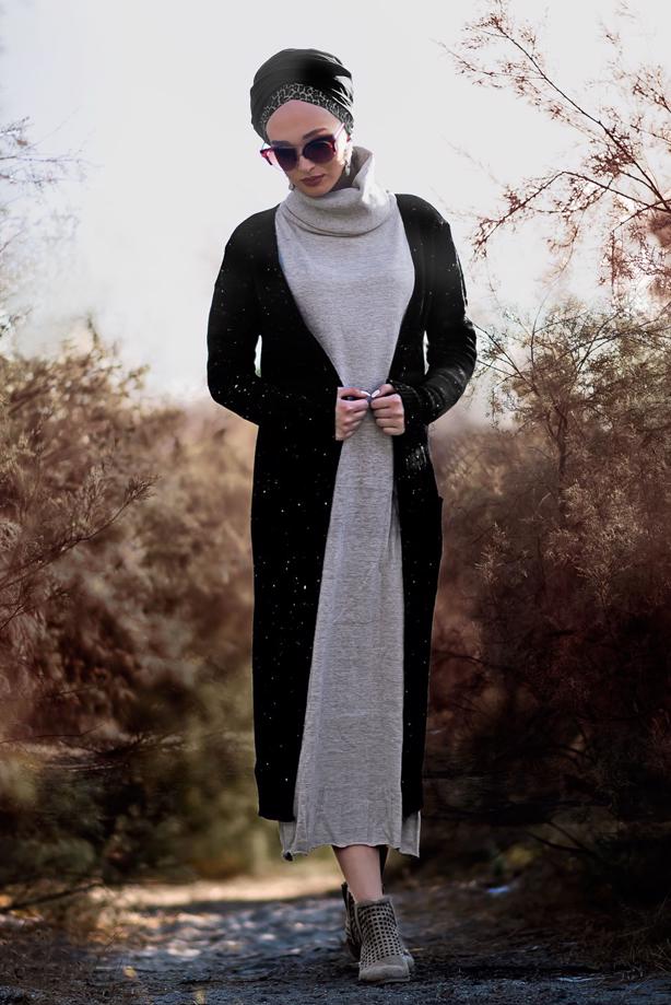 Tesettür giyim  CEPLİ YANLARI YIRTMAÇLI TRİKO HIRKA 8112  - TRENDTESETTÜR