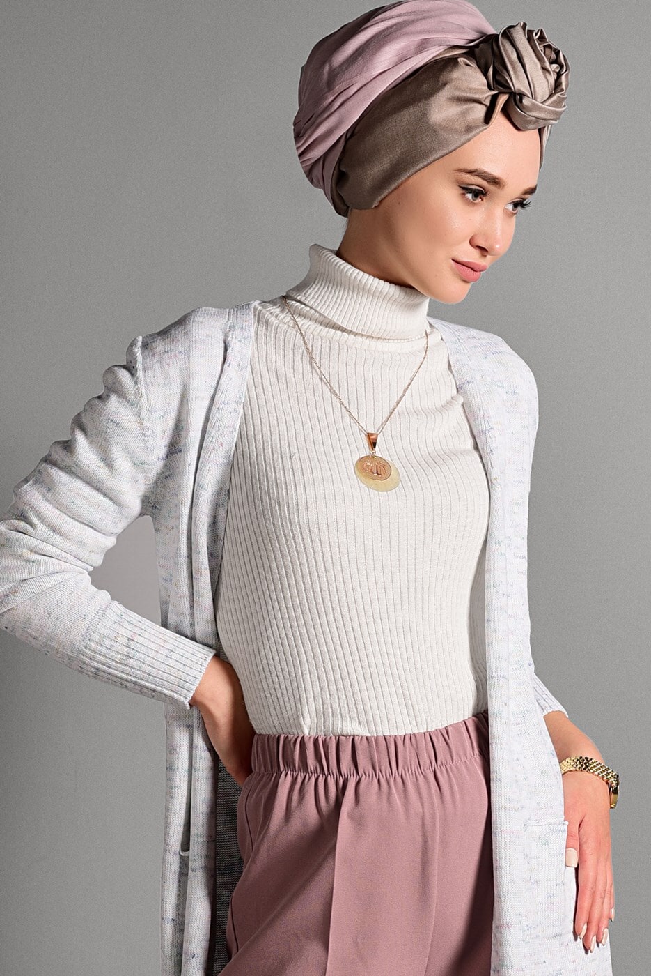 Hijab clothing CREAM KNIT CARDIGAN WITH SLITS 8112 