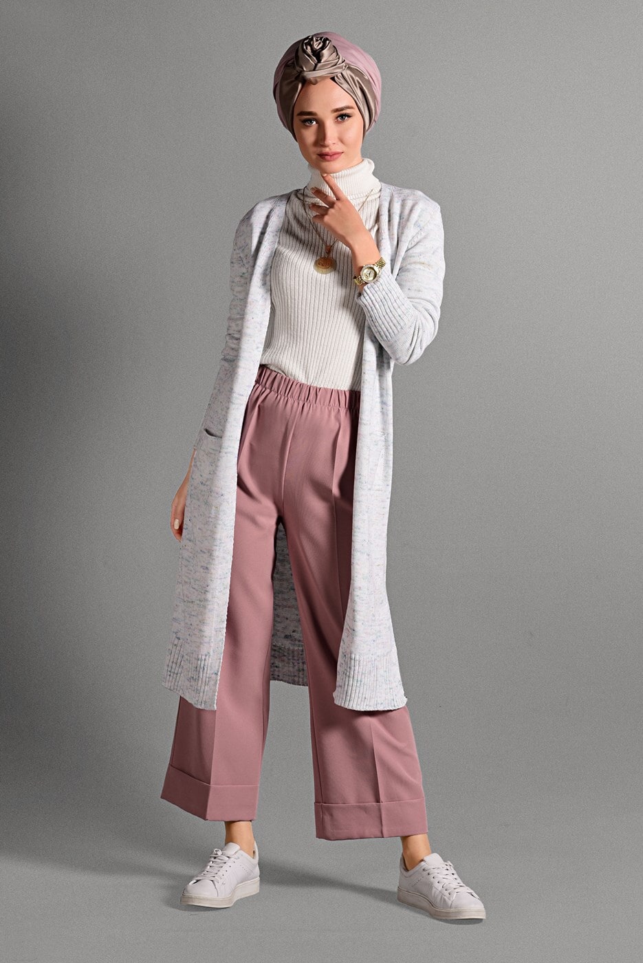 Hijab clothing CREAM KNIT CARDIGAN WITH SLITS 8112 