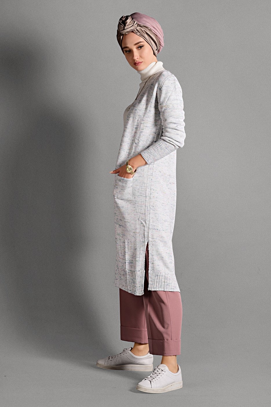 Hijab clothing CREAM KNIT CARDIGAN WITH SLITS 8112 