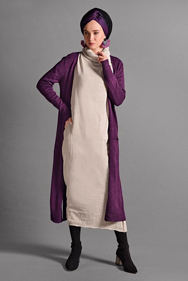 Tesettür giyim  CEPLİ YANLARI YIRTMAÇLI TRİKO HIRKA 8112  - TRENDTESETTÜR