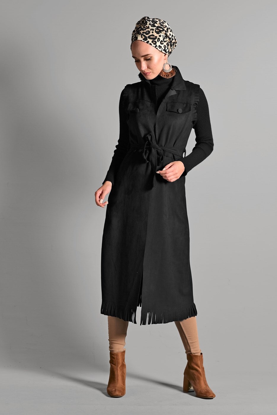 Hijab clothing BLACK BELTED SUEDE VEST 0418