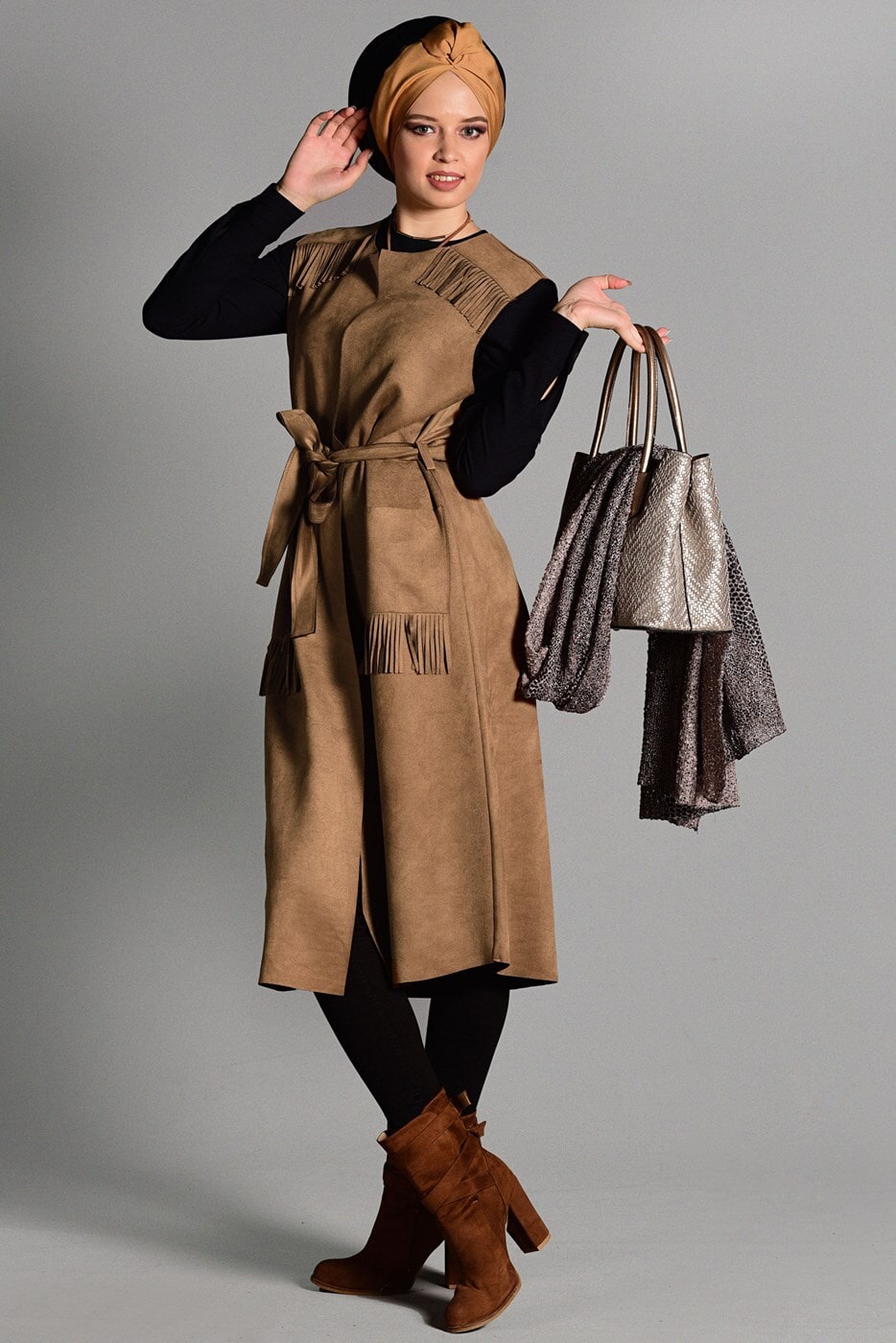 Tesettür giyim KAHVE PÜSKÜL DETAYLI KUŞAKLI SÜET YELEK 1117