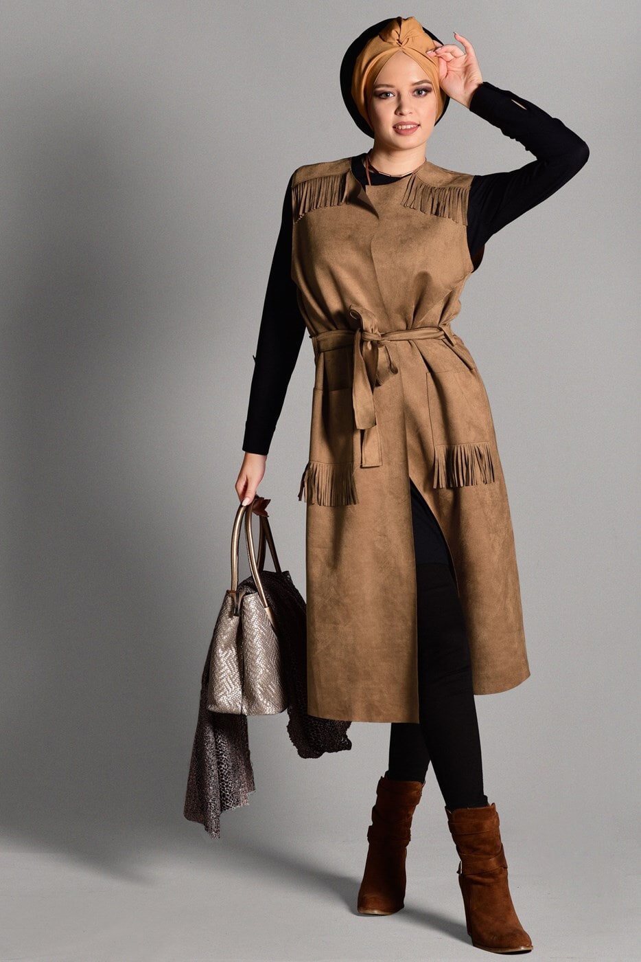 Tesettür giyim KAHVE PÜSKÜL DETAYLI KUŞAKLI SÜET YELEK 1117