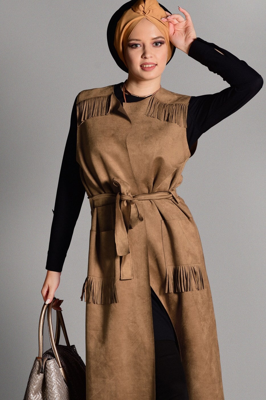 Tesettür giyim KAHVE PÜSKÜL DETAYLI KUŞAKLI SÜET YELEK 1117