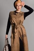 Tesettür giyim KAHVE PÜSKÜL DETAYLI KUŞAKLI SÜET YELEK 1117