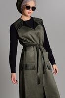 Tesettür giyim HAKİ PÜSKÜL DETAYLI KUŞAKLI SÜET YELEK 1117