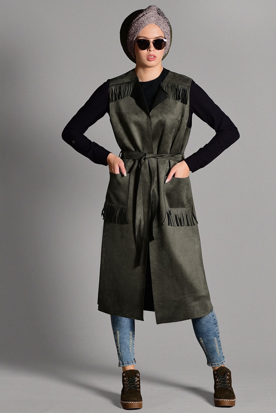 Tesettür giyim HAKİ PÜSKÜL DETAYLI KUŞAKLI SÜET YELEK 1117