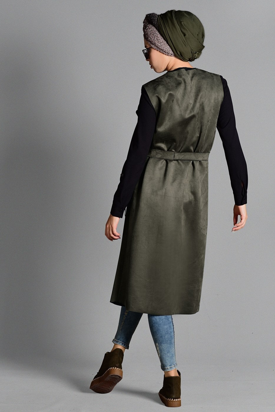 Tesettür giyim HAKİ PÜSKÜL DETAYLI KUŞAKLI SÜET YELEK 1117