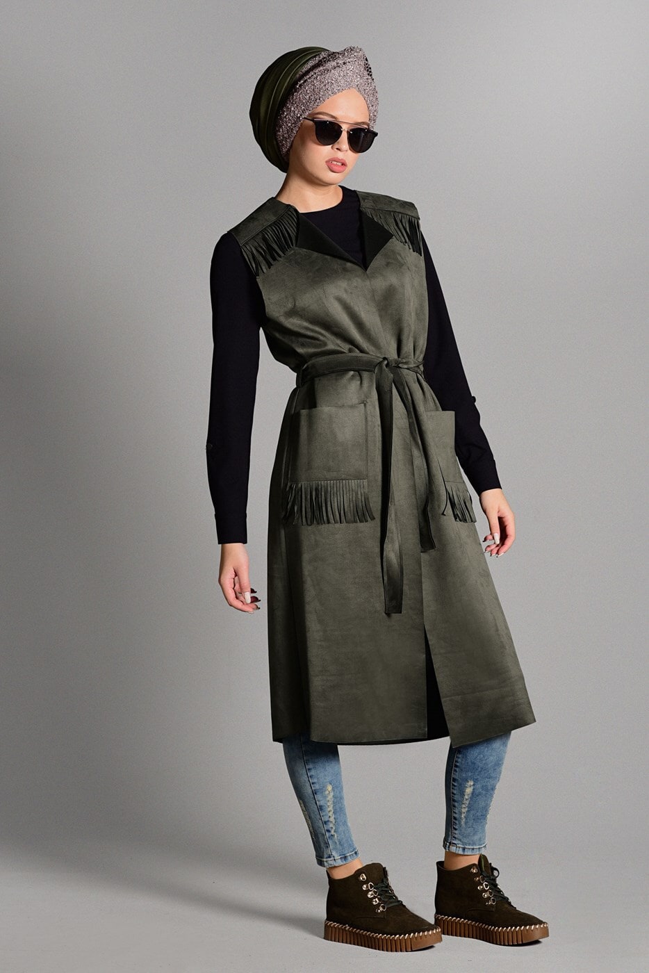 Tesettür giyim HAKİ PÜSKÜL DETAYLI KUŞAKLI SÜET YELEK 1117