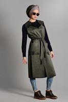 Tesettür giyim HAKİ PÜSKÜL DETAYLI KUŞAKLI SÜET YELEK 1117