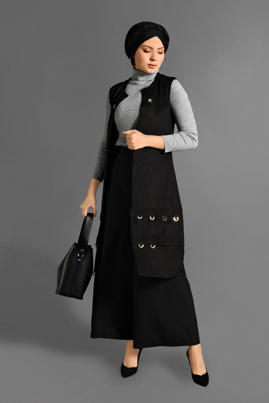 Vêtements hijab NOIR GILET EN DAIM À ŒILLETS 2418 