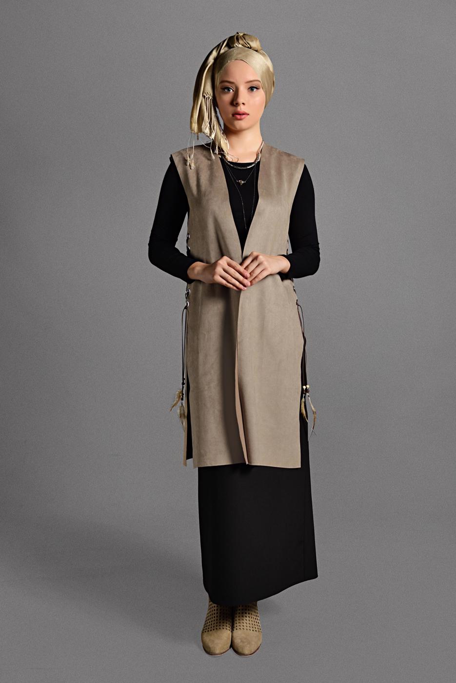 Tesettür giyim BEJ KUŞGÖZÜ DETAYLI SÜET YELEK 5458 