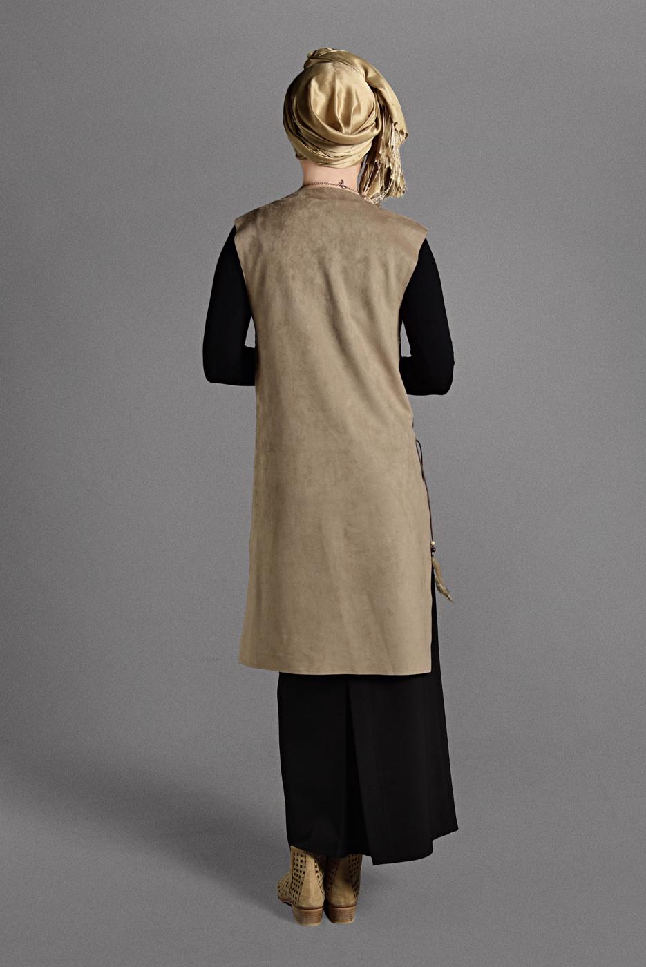 Tesettür giyim BEJ KUŞGÖZÜ DETAYLI SÜET YELEK 5458 