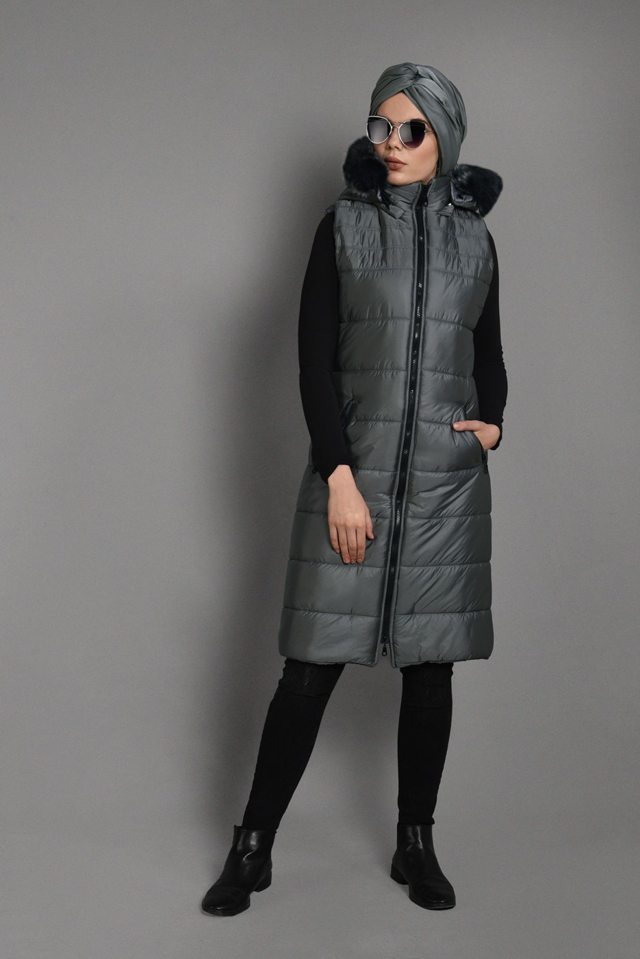 Vêtements hijab GRIS DOUDOUNE ZIPPÉ À CAPUCHE 6053