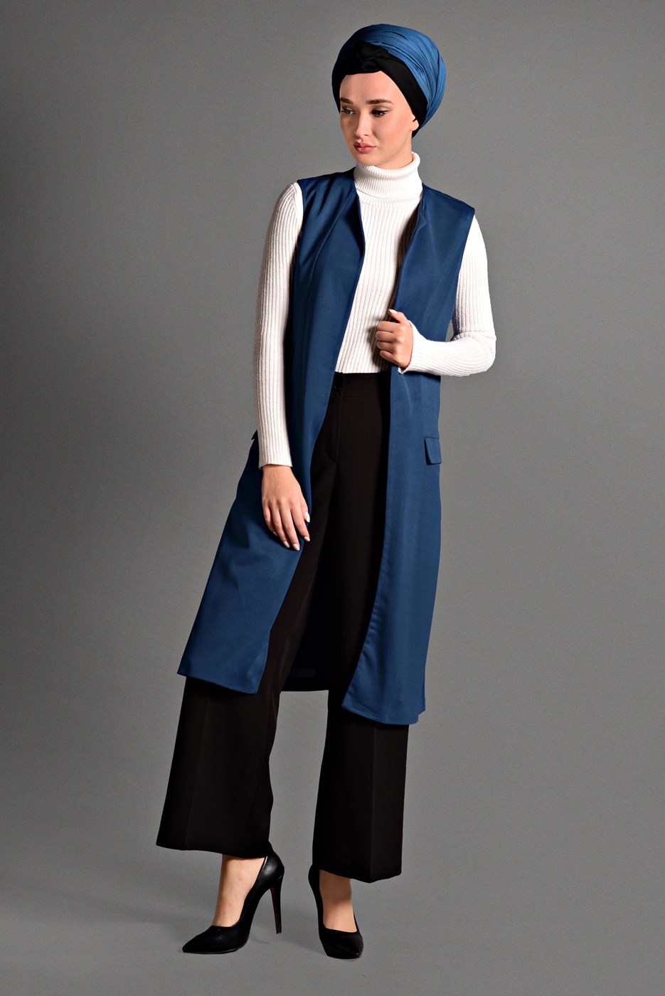 Tesettür giyim LACİVERT CEP DETAYLI PAMUKLU YELEK T 7401