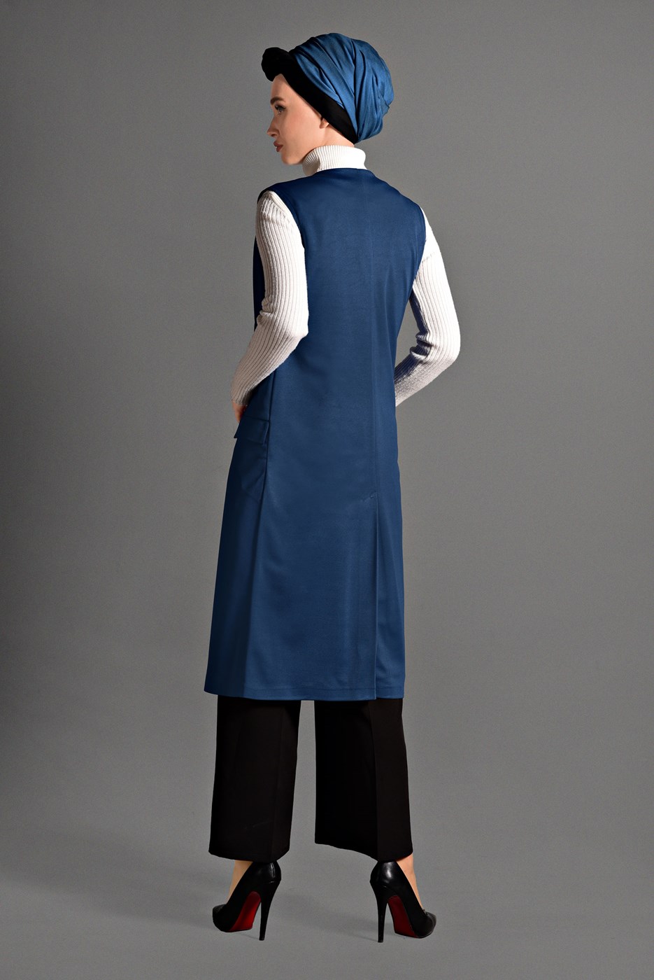 Tesettür giyim LACİVERT CEP DETAYLI PAMUKLU YELEK T 7401