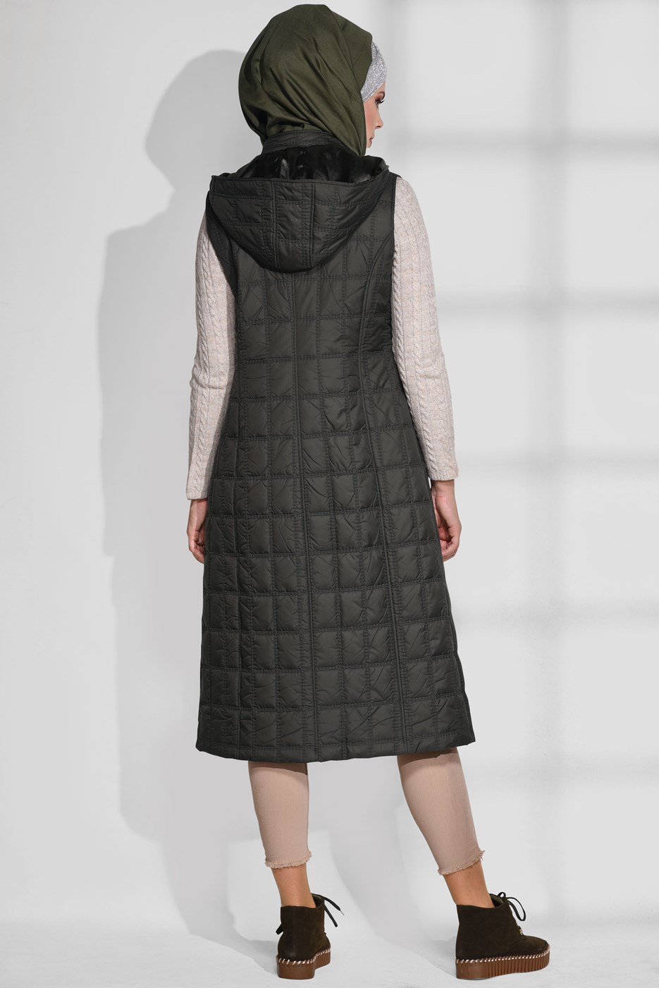 Tesettür giyim HAKİ KAPÜŞONLU KAPİTONE YELEK 9737 