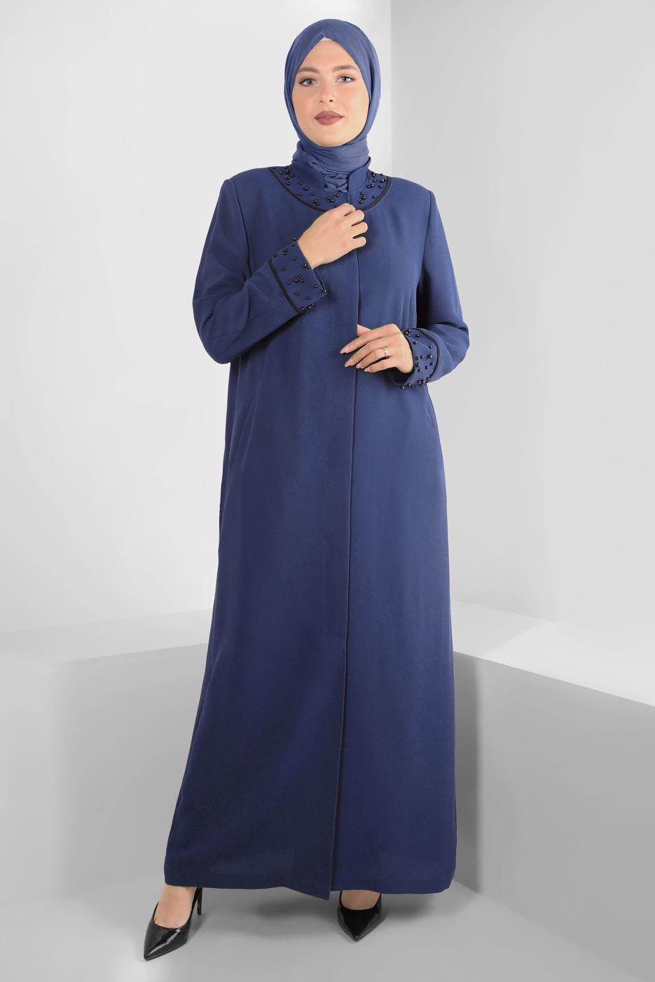 Hijab clothing NAVY BLUE ALVINA BEADED MANDARIN COLLAR TOPCOAT T 1290